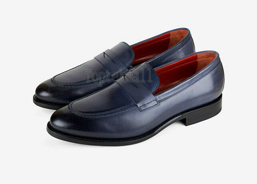 Handmade Men's Leather New Blue Two Tone Classic penny loafers custom shoes-569