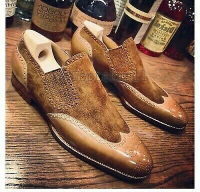 Handmade Men's Leather Brown Suede Wing Tip Slip On Loafers Dress Shoes-231