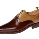 Handmade Men's Leather Oxfords Beige & Brown Round Toe Magnificent Shoes-699