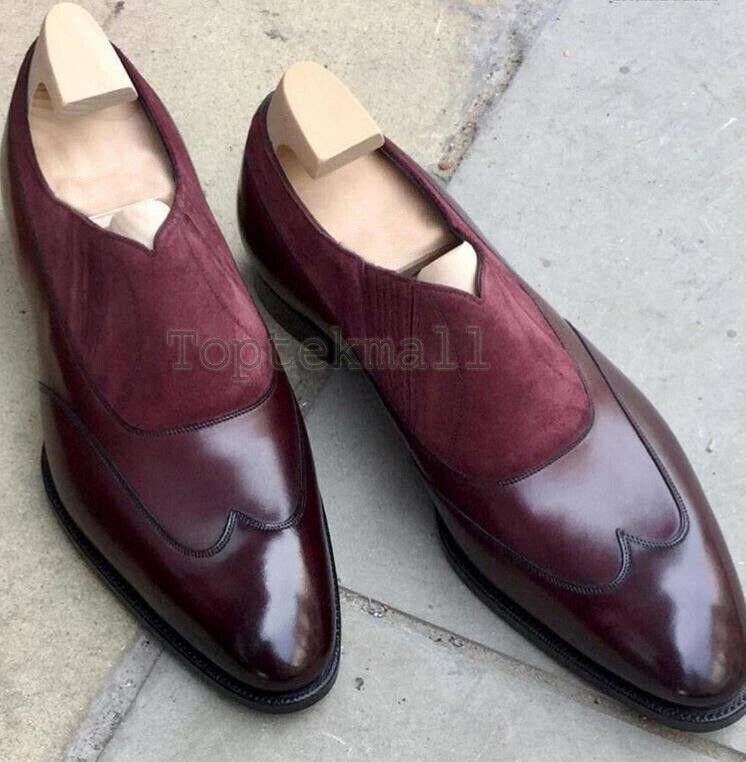 Handmade Men's Leather Two Tone Burgundy Loafer Fashion Party Moccasin Shoes-20