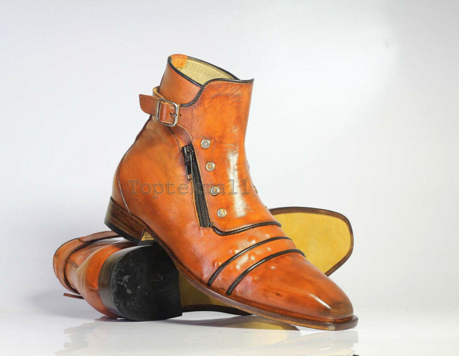 Handmade Men's Leather Tan Cap Toe Buckle Zipper Ankle High Formal Boots-920