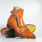 Handmade Men's Leather Tan Cap Toe Buckle Zipper Ankle High Formal Boots-920