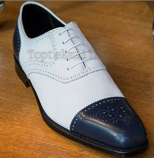 Handmade Men&acirc;��s Leather Oxfords Wingtip Brogues Toe White Blue Two Tone Shoes-14