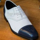 Handmade Men’s Leather Oxfords Wingtip Brogues Toe White Blue Two Tone Shoes-14