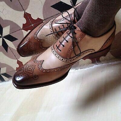 Handmade Men's Leather New Oxfords Two Tone Brogue Premium Wingtip Shoes-342