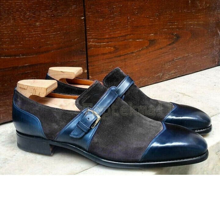 Handmade Men's Leather Black Blue Suede Monk Strap Cap Toe Formal Shoes-224