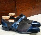 Handmade Men's Leather Black Blue Suede Monk Strap Cap Toe Formal Shoes-224