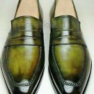 Handmade Men's Leather Green Patina Dress Loafers Hand Colored Unique Shoes-187