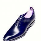 Handmade Men's Leather Oxfords Blue Plain Rounded Toe Stylish Vintage Shoes-840