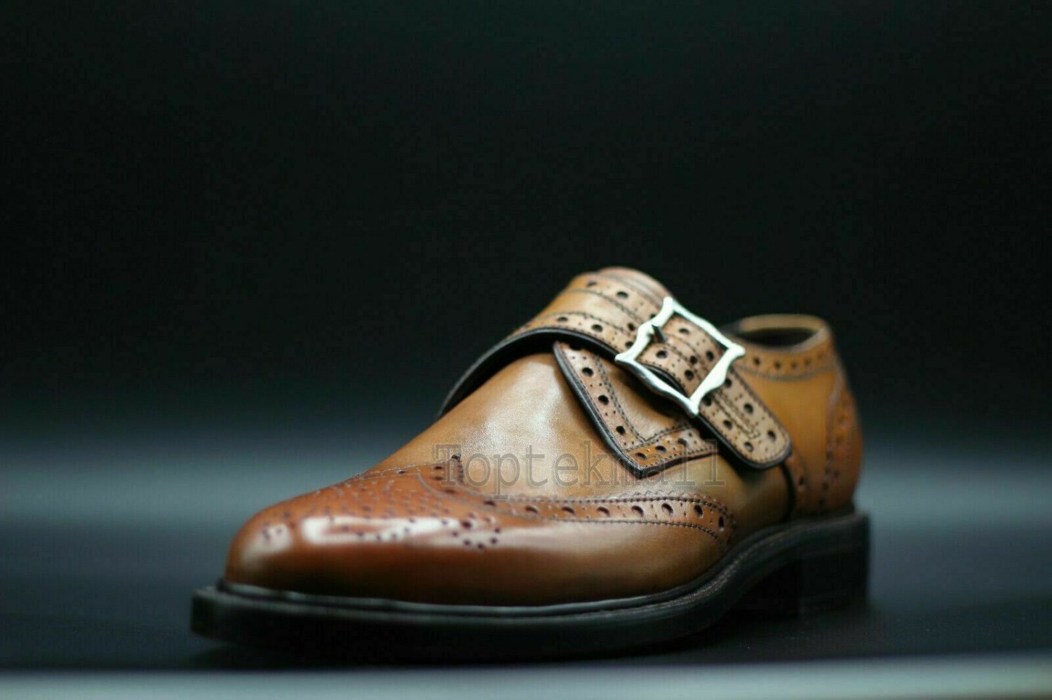 Handmade Men's Leather Single Monk Strap Oxford Brogue Wingtip Dress Shoes-48