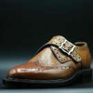 Handmade Men's Leather Single Monk Strap Oxford Brogue Wingtip Dress Shoes-48