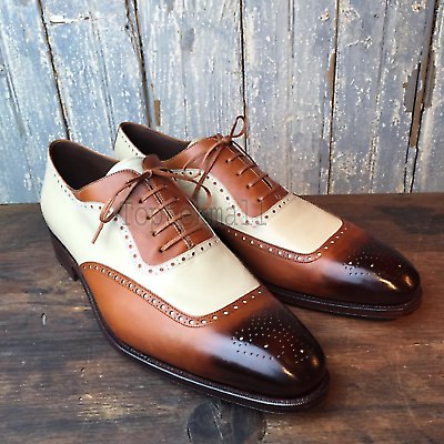 Handmade Men's Leather Oxfords Spectators Two Tone Casual Wingtip Shoes-382
