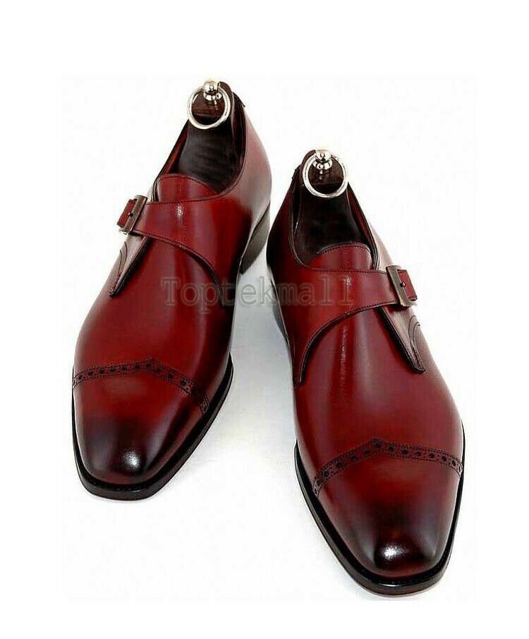 Handmade Men's Leather Red Colored Single Buckle Monk Straps Fashion Shoes-672