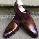 Handmade Men's Leather Brown Burgundy Color Suede Monk Strap Fashion Shoes-458