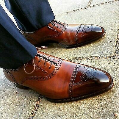Handmade Men's Leather Oxfords Brown Brogue Burnished Toe Two Tone Shoes-839