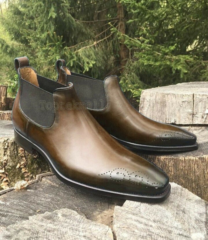 Handmade Men's Leather Half Ankle Chelsea Dark Brown Leather Chelsea Boots-622