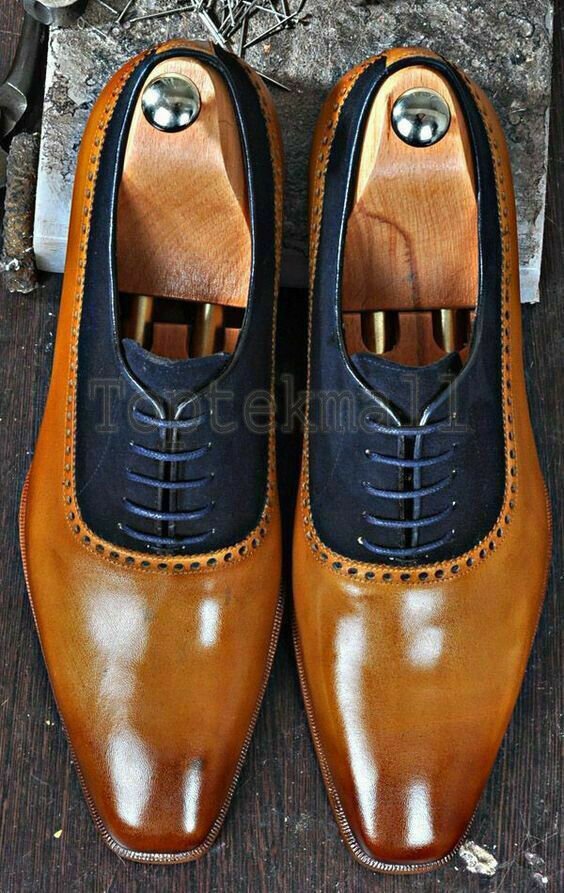Handmade Men's Leather Two Tone Tan Blue Burnished Toe Magnificent Shoes-202