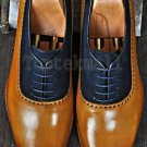 Handmade Men's Leather Two Tone Tan Blue Burnished Toe Magnificent Shoes-202