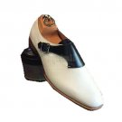 Handmade Men's Leather Two Tone Black & White Monk Single Buckle Dress Shoes-126