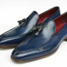 Handmade Men's Leather Loafers and slip ons Burnished Apron Toe Blue shoes-833