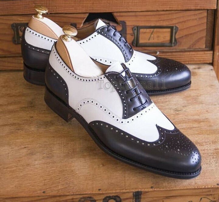 Handmade Men&acirc;��s Leather Oxfords Wingtip White Dark Brown Brogue Stylish Shoes-193