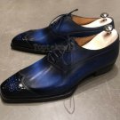 Handmade Men's Leather Blue Color Oxfords Wingtip Stylish Dress Formal Shoes-666