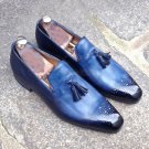 Handmade Men's Leather Blue Stylish Fashion Classic Loafers & Slip Ons Shoes-297
