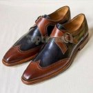 Handmade Men's Leather Two Tone Brown and Blue Monk Straps Formal Shoes-645