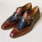 Handmade Men's Leather Two Tone Brown and Blue Monk Straps Formal Shoes-645