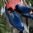 Handmade Men's Leather Blue Color Moccasin Loafer Slip Ons Apron Toe Shoes-961