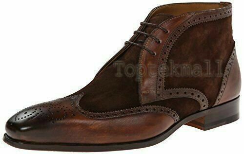 Handmade Men's Leather and Suede Brown Ankle High Wingtip Dress Boots-557