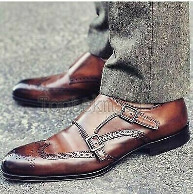 Handmade Men's Leather Brown Double Monk Strap Oxford Brogue Wingtip Shoes-12