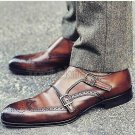 Handmade Men's Leather Brown Double Monk Strap Oxford Brogue Wingtip Shoes-12