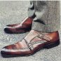 Handmade Men's Leather Brown Double Monk Strap Oxford Brogue Wingtip Shoes-12