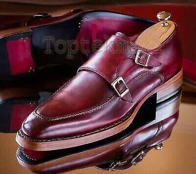 Handmade Men's Leather Maroon Monk Double Buckle Strap Apron Stylish Shoes-692