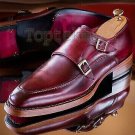 Handmade Men's Leather Maroon Monk Double Buckle Strap Apron Stylish Shoes-692