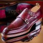 Handmade Men's Leather Maroon Monk Double Buckle Strap Apron Stylish Shoes-692
