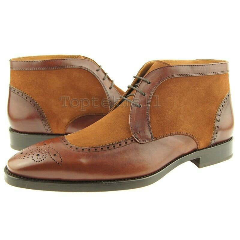 Handmade Men's Leather Two Tone Tan Brown Formal Dress Chukka Lace Up Boots-610