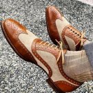 Handmade Men's Leather Oxfords Brown Two Tone Brogue Stylish Wingtip Shoes-347