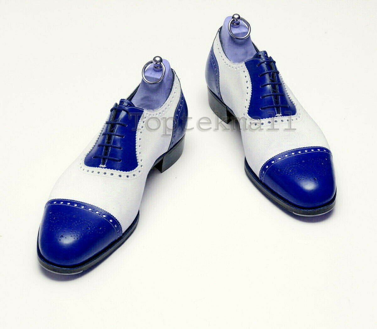Handmade Men's Leather Oxfords Two Tone White Blue Contrast Stylish Shoes-842