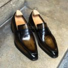 Handmade Men's Leather Loafers Super Elegant Green Patina Dual Tone Shoes-330