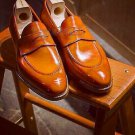 Handmade Men's Leather Casual Formal Loafers Slip Ons Dress Tan Color Shoes-156