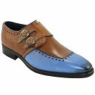 Handmade Men's Leather Dress Blue Brown Monk Double Buckle Straps Shoes-388