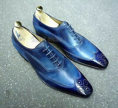 Handmade Men's Leather Oxfords Two Tone Blue Burnished Toe Wing Tip shoes-680
