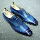 Handmade Men's Leather Oxfords Two Tone Blue Burnished Toe Wing Tip shoes-680