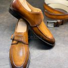Handmade Men's Leather Single Monk Strap Tan Formal Patina Fashion Shoes-456