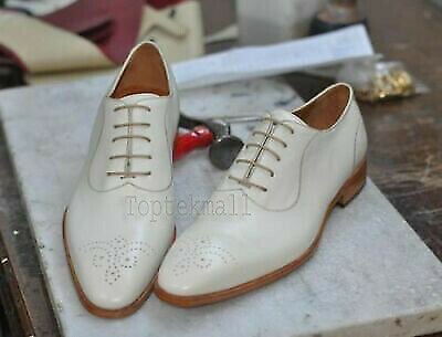 Handmade Men's Leather Genuine White Wingtip Oxford Brogue Dress Formal Shoes-80
