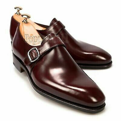 Handmade Men's Leather Plain Rounded Toe Single Buckle Monk straps Shoes-740