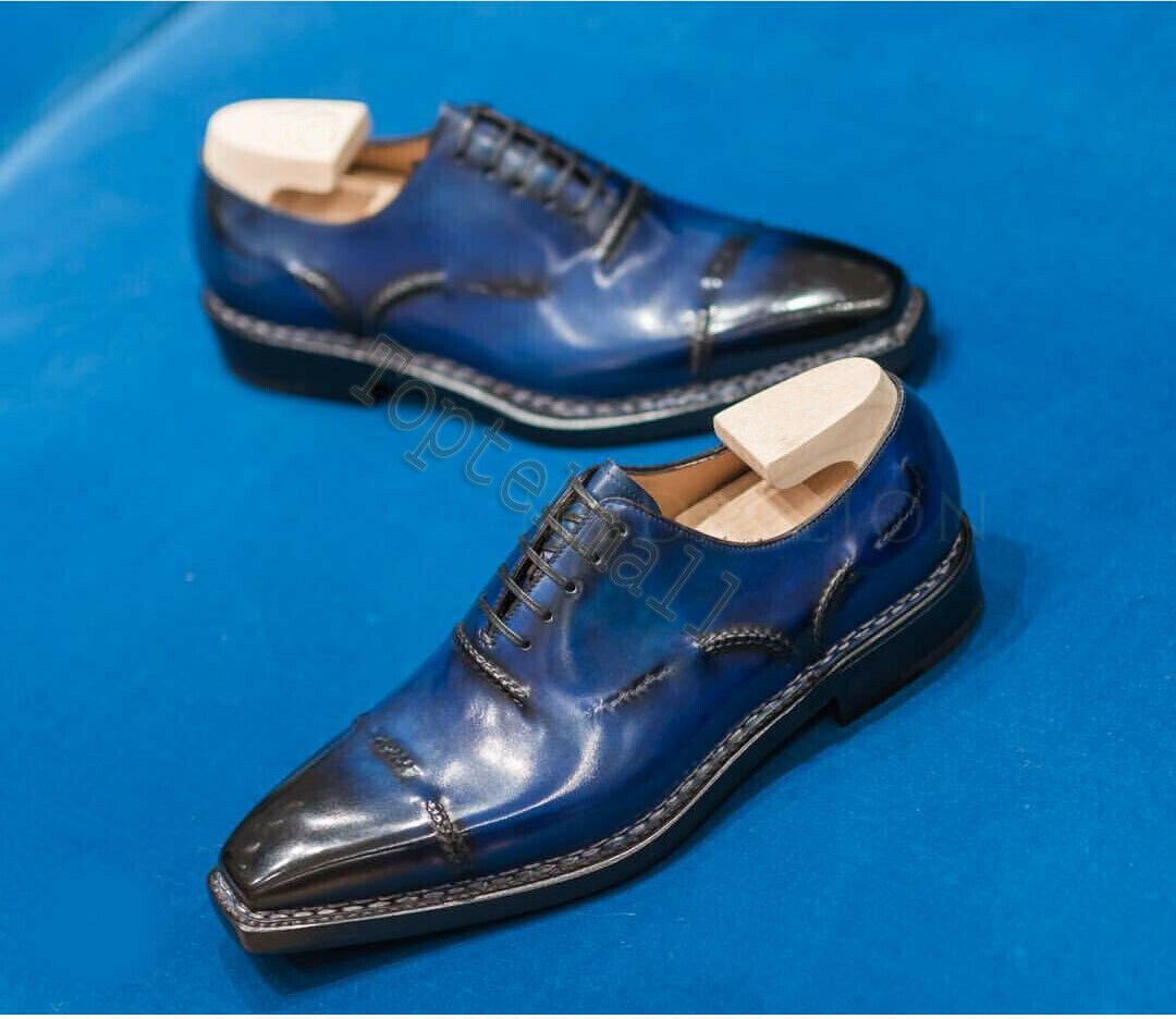 Handmade Men's Leather New Formal Blue Color Lace Up Cap Toe Formal Shoes-478