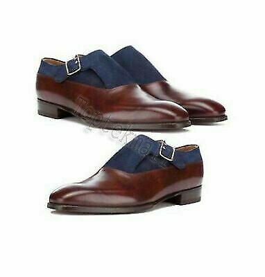 Handmade Men's Leather Monk Strap Buckle Burgundy Blue Two Tone Dress Shoes-143